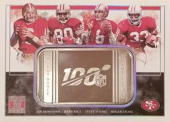 2019 Panini Impeccable - Silver NFL 100 Quads #NFLQ-6 Joe Montana / Jerry Rice / Roger Craig / Steve Young Front