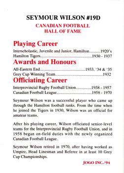1994 JOGO Hall of Fame Series D #19D Seymour Wilson Back