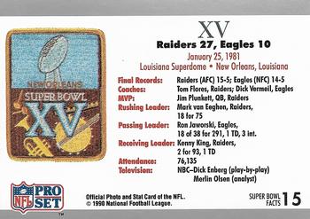 1991 Pro Set Super Bowl Ticket Replica #15 SB XV Ticket Back