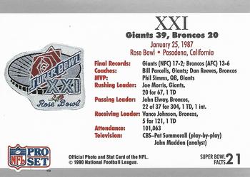 1991 Pro Set Super Bowl Ticket Replica #21 SB XXI Ticket Back