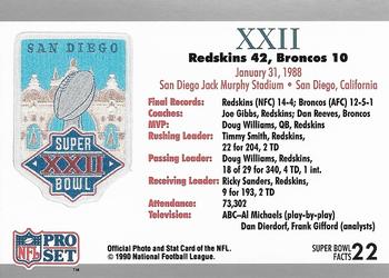 1991 Pro Set Super Bowl Ticket Replica #22 SB XXII Ticket Back