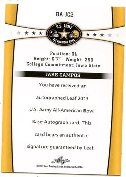 2013 Leaf U.S. Army All-American Bowl - Black #BA-JC2 Jake Campos Back