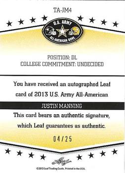 2013 Leaf U.S. Army All-American Bowl - Tour Autographs Green #TA-JM4 Justin Manning Back