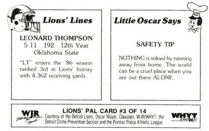 1986 Detroit Lions Police #3 Leonard Thompson Back