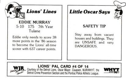 1986 Detroit Lions Police #4 Eddie Murray Back