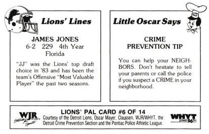 1986 Detroit Lions Police #6 James Jones Back