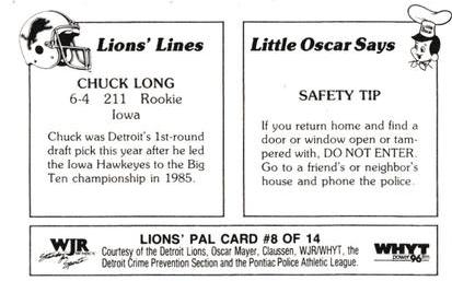 1986 Detroit Lions Police #8 Chuck Long Back