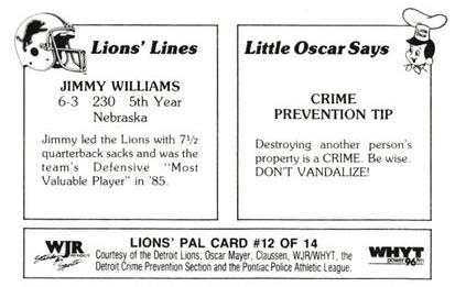 1986 Detroit Lions Police #12 Jimmy Williams Back