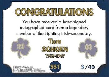 2003-09 TK Legacy Notre Dame Fighting Irish - Sentry of the Secondary #SS1 Tom Schoen Back