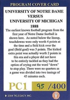 2003-09 TK Legacy Notre Dame Fighting Irish - Program Covers #PC1 1888 vs Michigan Back