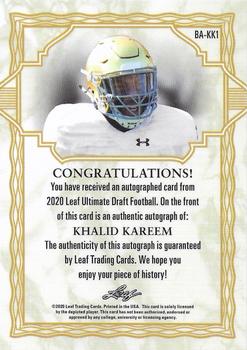 2020 Leaf Ultimate Draft #BA-KK1 Khalid Kareem Back