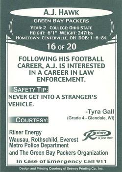 2007 Green Bay Packers Police - Riiser Energy, Wausau, Rothschild, Everest Metro Police Department #16 A.J. Hawk Back