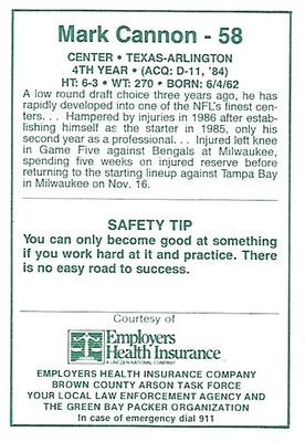 1987 Green Bay Packers Police - Employers Health Insurance, Brown County Arson Task Force, Your Local Law Enforcement Agency #25-25 Mark Cannon Back