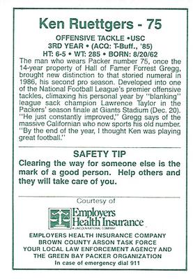1987 Green Bay Packers Police - Employers Health Insurance, Brown County Arson Task Force, Your Local Law Enforcement Agency #10-25 Ken Ruettgers Back