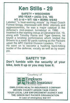 1987 Green Bay Packers Police - Employers Health Insurance, Brown County Arson Task Force, Your Local Law Enforcement Agency #23-25 Ken Stills Back