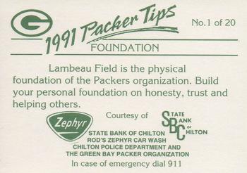 1991 Green Bay Packers Police - State Bank of Chilton, Rod’s Zephyr Car Wash, Chilton Police Department #1 Lambeau Field Back