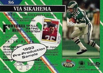 1993 Stadium Club - 1993 Pre-Production Sample #86 Vai Sikahema Back