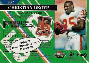 1993 Stadium Club - 1993 Pre-Production Sample #102 Christian Okoye Back