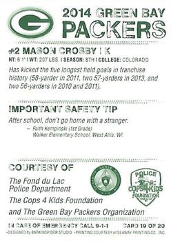 2014 Green Bay Packers Police - Fond du Lac Police Department, The Cops 4 Kids Foundation #19 Mason Crosby Back