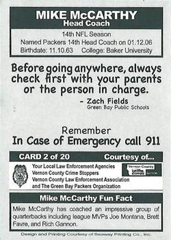 2006 Green Bay Packers Police - Vernon County Law Enforcement #2 Mike McCarthy Back
