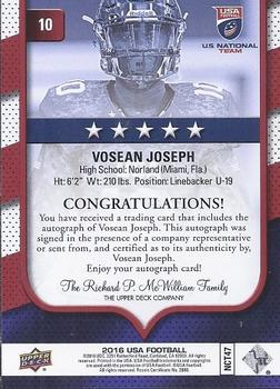 2016 Upper Deck USA Football - Autographs #10 Vosean Joseph Back