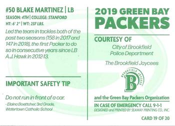 2019 Green Bay Packers Police - City of Brookfield Police Department #19 Blake Martinez Back