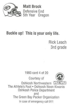 1993 Green Bay Packers Police - Oshkosh Northwestern, Oshkosh Noon Kiwanis, Oshkosh PD #4 Matt Brock Back