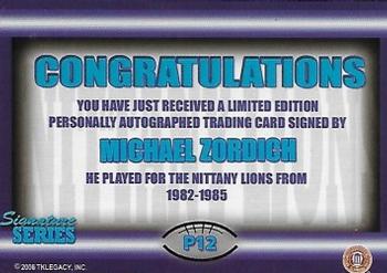 2007 TK Legacy Penn State Nittany Lions - Nittany Lions Autographs #P12 Michael Zordich Back