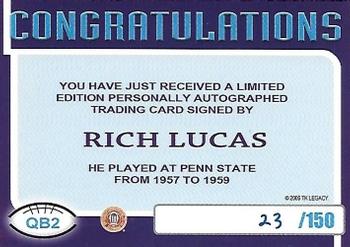 2007 TK Legacy Penn State Nittany Lions - QB Club Autographs #QB2 Rich Lucas Back