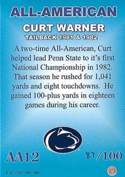 2007 TK Legacy Penn State Nittany Lions - All-American Autographs #AA12 Curt Warner Back