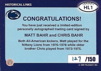 2007 TK Legacy Penn State Nittany Lions - Historical Links Autographs #HL1 Matt Bahr / Chris Bahr Back