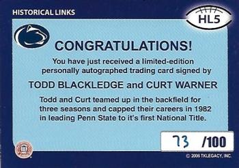 2007 TK Legacy Penn State Nittany Lions - Historical Links Autographs #HL5 Todd Blackledge / Curt Warner Back