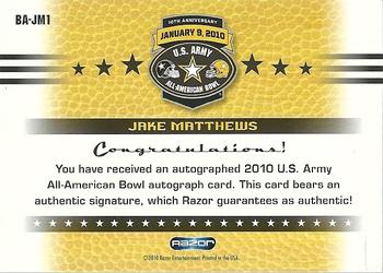 2010 Razor US Army All-American Bowl - Autographs #BA-JM1 Jake Matthews Back