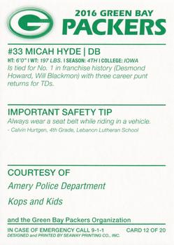 2016 Green Bay Packers Police - Amery Police Department #12 Micah Hyde Back