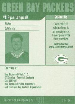 2002 Green Bay Packers Police - New Richmond Clinic S.C., GTK Service-Towing and Lockouts, Kids Company, New Richmond Police Department #16 Ryan Longwell Back