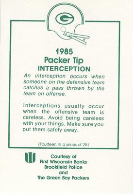 1985 Green Bay Packers Police - First Wisconsin Banks, Brookfield Police #14 Tom Flynn Back