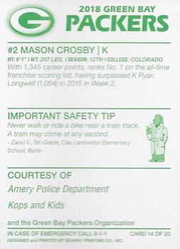 2018 Green Bay Packers Police - Amery Police Department #14 Mason Crosby Back