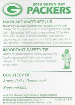 2018 Green Bay Packers Police - Amery Police Department #16 Blake Martinez Back