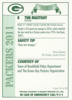 2011 Green Bay Packers Police - Town of Brookfield Police Department #18 Tim Masthay Back