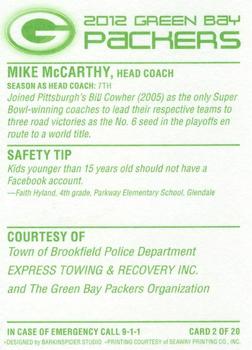 2012 Green Bay Packers Police - Town of Brookfield Police Department #2 Mike McCarthy Back