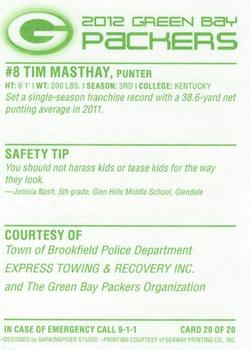 2012 Green Bay Packers Police - Town of Brookfield Police Department #20 Tim Masthay Back