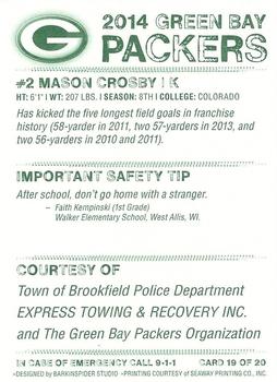 2014 Green Bay Packers Police - Town of Brookfield Police Department, Express Towing and Recovery Inc. #19 Mason Crosby Back