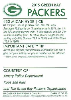 2015 Green Bay Packers Police - Amery Police Department #15 Micah Hyde Back