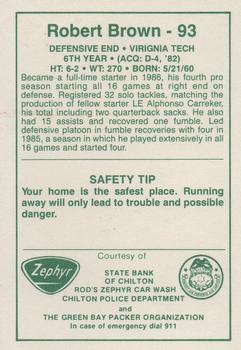 1987 Green Bay Packers Police - State Bank of Chilton, Rod's Zephyr Car Wash, Chilton Police Department #7-25 Robert Brown Back