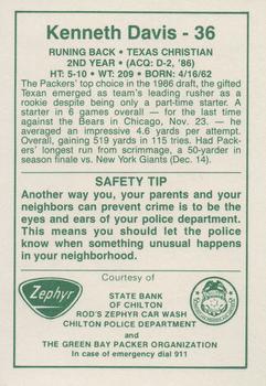 1987 Green Bay Packers Police - State Bank of Chilton, Rod's Zephyr Car Wash, Chilton Police Department #19-25 Kenneth Davis Back