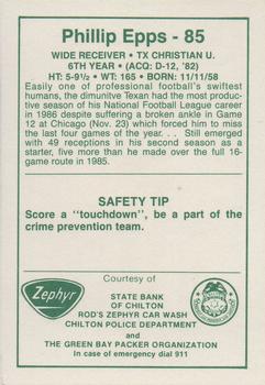 1987 Green Bay Packers Police - State Bank of Chilton, Rod's Zephyr Car Wash, Chilton Police Department #16-25 Phillip Epps Back
