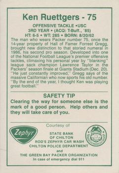 1987 Green Bay Packers Police - State Bank of Chilton, Rod's Zephyr Car Wash, Chilton Police Department #10-25 Ken Ruettgers Back