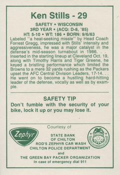 1987 Green Bay Packers Police - State Bank of Chilton, Rod's Zephyr Car Wash, Chilton Police Department #23-25 Ken Stills Back