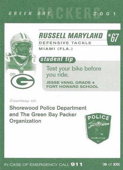 2001 Green Bay Packers Police - Shorewood Police Department #9 Russell Maryland Back
