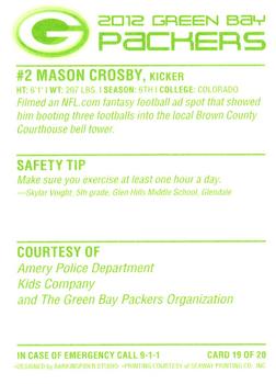 2012 Green Bay Packers Police - Amery Police Department, Kids Company #19 Mason Crosby Back